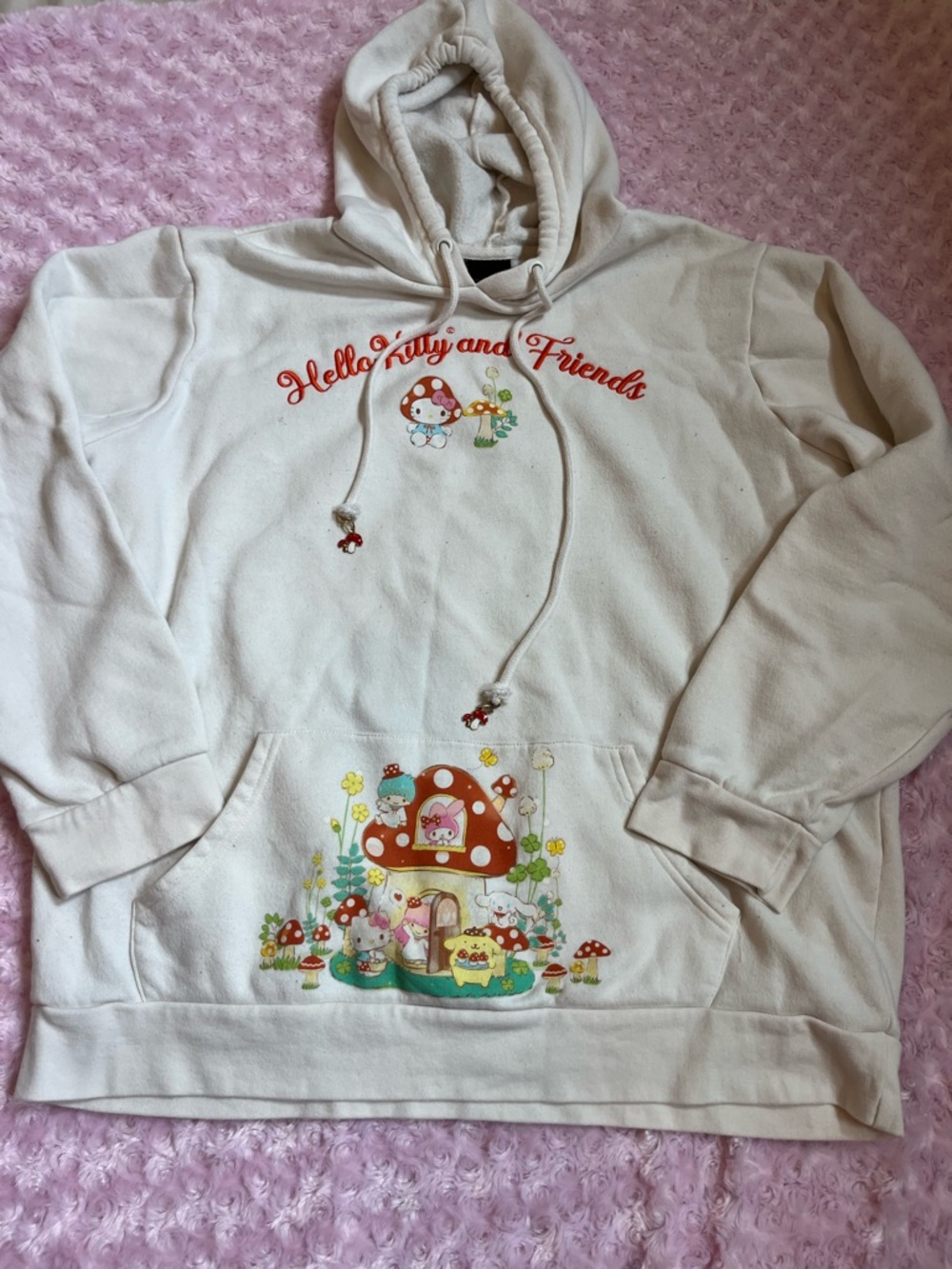 Rare Hello Kitty Cream Hoodie with Orange & Pink Embroidery